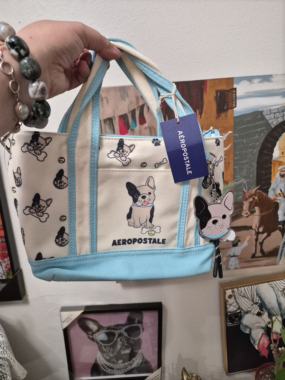 Aeropostale French Bulldog Canvas Tote &charms Cream & Light Blue